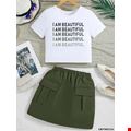 Set áo thun in chữ phong cách cá tính kèm chân váy utility cho bé gái tuổi teen