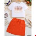 Set áo thun in chữ phong cách cá tính kèm chân váy utility cho bé gái tuổi teen