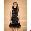 Váy Đầm Bé Gái Sang Trọng Cổ Tròn Phối Lông & Hạt Đen Dài Lửng
