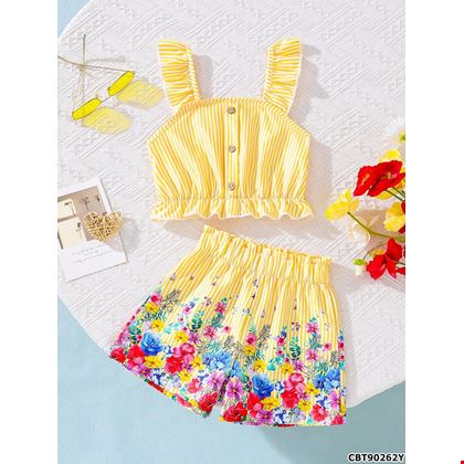 Áo ba lỗ cách điệu phối quần họa tiết hoa lưng thun co giãn thoải mái cho bé gái