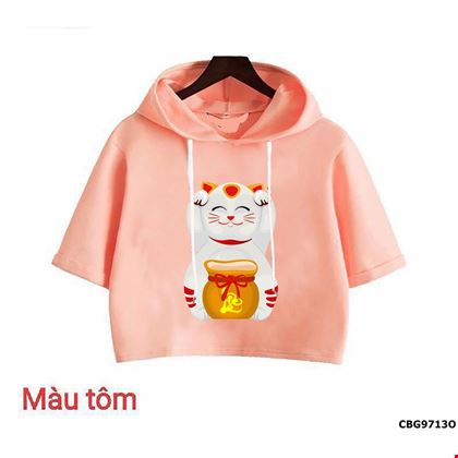 Áo croptop phối nón họa tiết Mèo Thần Tài cực xinh dành cho bé gái