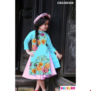 Aó dài bé gái họa tiết 3D kèm mấn hoa hồng màu xanh