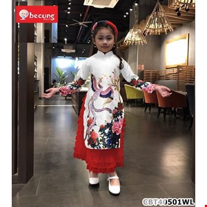 Áo dài cách tân thiết kế họa tiết chim CÔNG múa xuân cho bé gái