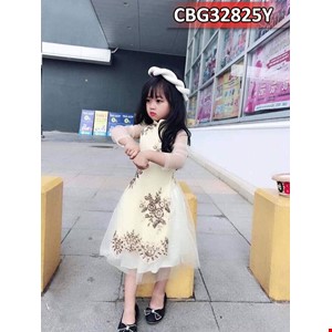 Áo dài voal kết hoa kim sa cho bé gái màu VÀNG KEM