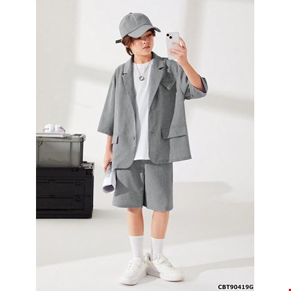 Áo khoác Blazer tay ngắn dáng rộng phong cách Hàn Quốc phối quần short màu trơn