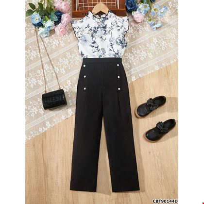 Áo tay xếp nếp in hoa phối quần dài màu trơn cách điệu cho bé gái