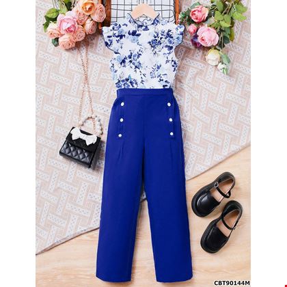 Áo tay xếp nếp in hoa phối quần dài màu trơn cách điệu cho bé gái