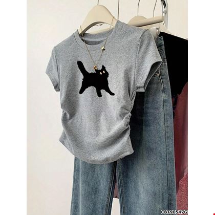 Áo Thun Nữ Teen Họa Tiết Mèo Dễ Thương, Cổ Tròn Tay Ngắn