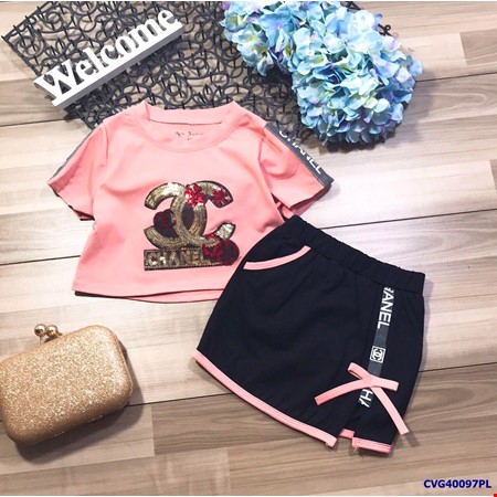 Set áo thun chân váy channel cực xinh cho bé gái từ 1 đến 15 tuổi [size đại]