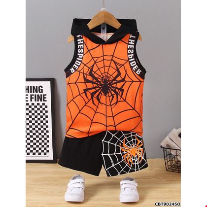 Bộ 2 món Áo hoodie sát nách và quần short thể thao in hình nhện