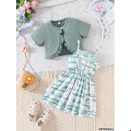 Bộ 2 món gồm váy dây đeo spaghetti in hoa và áo sơ mi thêu siêu xinh cho bé gái