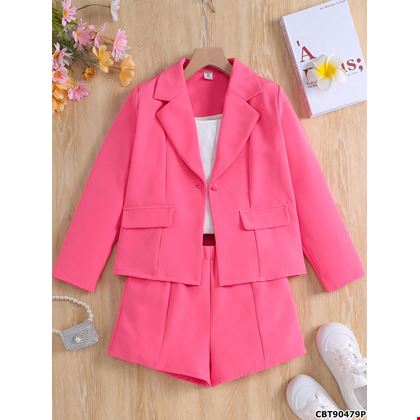 Bộ 3 món gồm Áo vest  blazer, áo yếm và quần short cho bé gái sành điệu