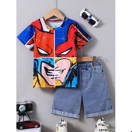 Bộ áo thun hoạt hình Super Man và quần short denim cho bé trai