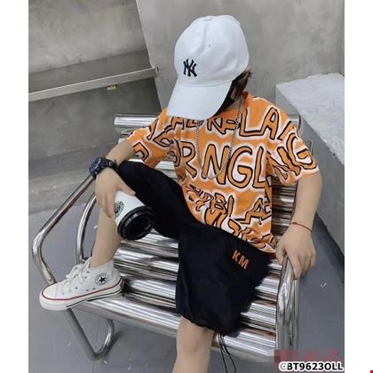 Bộ áo thun in họa tiết chữ phối quần short rút dây dành cho bé trai