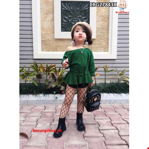 Bộ bé gái áo hở vai thắt đai  cá tính từ 3-10 tuổi màu xanh rêu (không kèm nón,không kèm tất lưới )