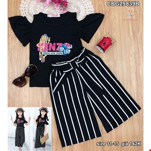 Bộ bé gái quần sọc áo thun kiểu sành điệu cho bé từ 8 - 15 tuổi màu Đen
