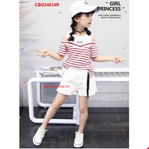 Bộ bé gái trễ vai năng động cho bé 1-8 tuổi màu đỏ