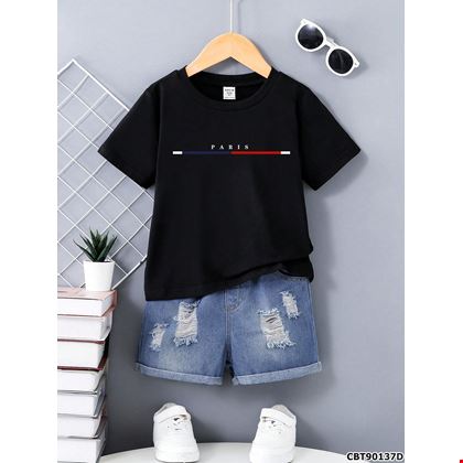 Bộ bé trai gồm áo thun PARIS phối quần short jean cao cấp