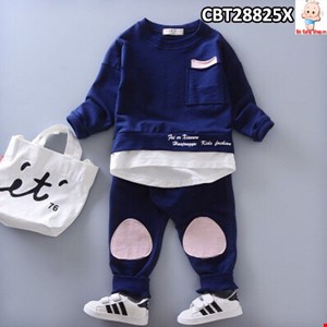 Bộ tay dài trơn vạt dài đắp túi cho bé từ 1-8 tuổi  màu xanh đen