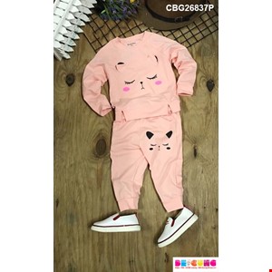 Bộ thu đông thun mèo đắp tai ngộ nghĩnh bé gái siêu dễ thương màu hồng nhạt