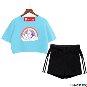 Bộ thun croptop NGỰA PONY và quần đùi cho bé gái
