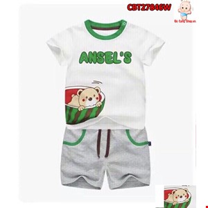 Bộ thun hình gấu ngộ nghĩnh cho bé 3-10 tuổi màu trắng