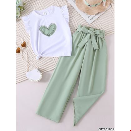 Cô gái Tween In Trái tim Viền Ruffle Áo & Thắt lưng Quần