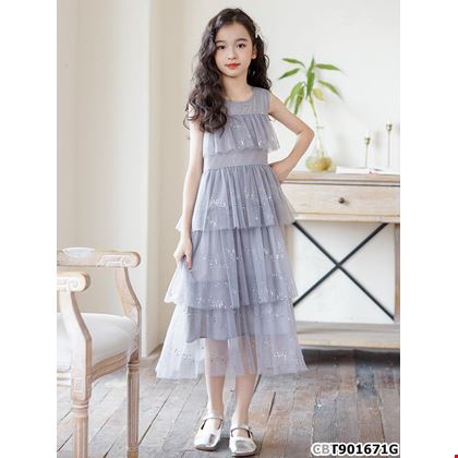 Đầm bé gái voan ánh kim phối 3 tầng dáng dài xinh xắn