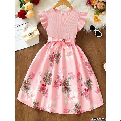 Đầm cổ tròn thun gân sắc hoa xinh xắn cho bé