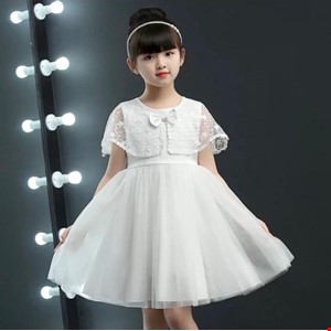 Đầm công chúa dự tiệc kiểu choàng vai cho bé gái 2-10 tuổi màu trắng