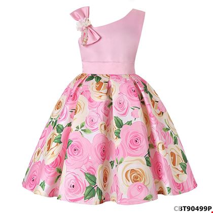Đầm công chúa hoa hồng lệch vai cho bé