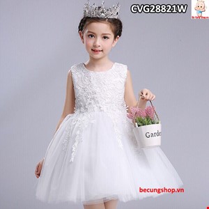 Đầm công chúa phủ ren hoa cho bé từ 2-10 tuổi màu trắng