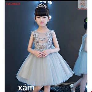 Đầm dự tiệc cao cấp kết hoa từ 1-10 tuổi màu xám