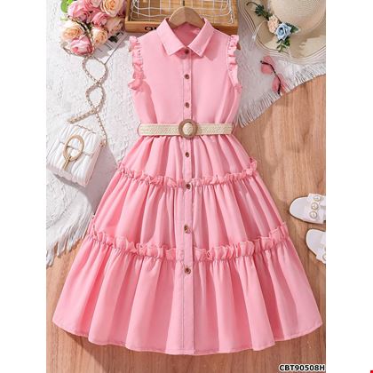 Đầm sơ mi bé gái cổ trụ kèm thắt lưng xinh