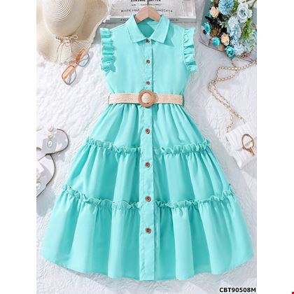 Đầm sơ mi bé gái cổ trụ kèm thắt lưng xinh