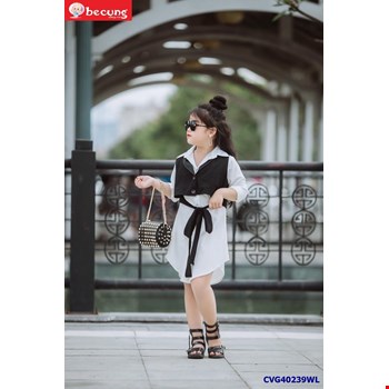 Đầm sơ mi kèm áo gile sàng điệu cho bé gái từ 2-10 tuổi