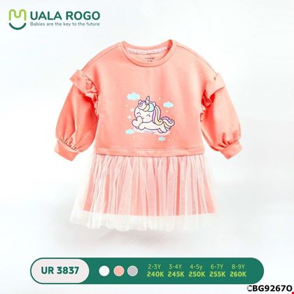 Đầm tay dài phối chân ren mùa thu hãng UALA ROGO xinh xắn cho bé gái UR3837