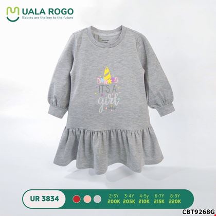 Đầm tay dài viền bèo đuôi cá hãng UALA ROGO xinh xắn cho bé gái UR3834