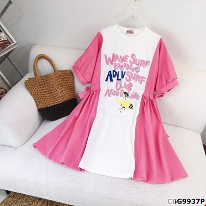 Đầm thun dáng Babydoll in họa tiết Chữ phối màu cực xinh dành cho bé gái