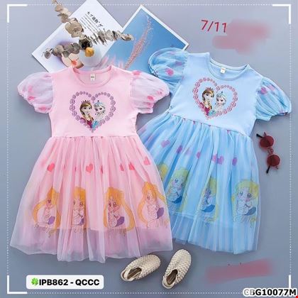 Đầm thun họa tiết ELSA 3D phối tay phồng cực xinh dành cho bé gái