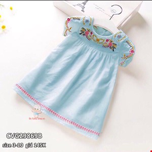 Đầm xinh thêu hoa cho bé từ 3-10 tuổi màu Xanh