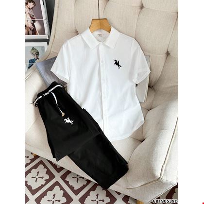 Set 2 Món Bé Trai: Áo Sơ Mi Cộc Tay Cổ Polo Họa Tiết 4/7 & Quần Dài Trang Trí Thắt Lưng - Phong Cách Lịch Lãm