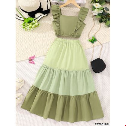 Sét áo hai dây cánh tiên và chân váy maxi phong cách ruffle ngọt ngào cho bé gái