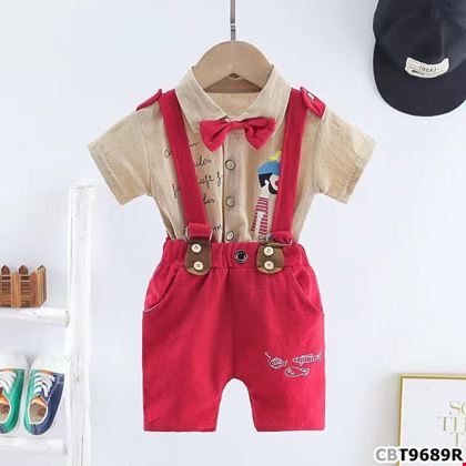 Sét áo kèm nơ và quần kèm dây đeo họa tiết in chữ ngộ nghĩnh cho bé trai 10 tháng- 3 tuổi