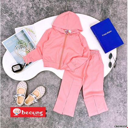 Sét áo tay dài khóa kéo phối quần ống suông xẻ tà dành cho bé gái