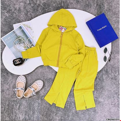 Sét áo tay dài khóa kéo phối quần ống suông xẻ tà dành cho bé gái