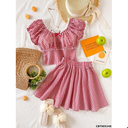 Set áo thêu ren phối caro dễ thương, phong cách ngọt ngào