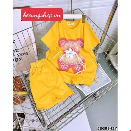 Sét áo thun Gấu đính hoa 3D phối quần short cực xinh cho bé gái