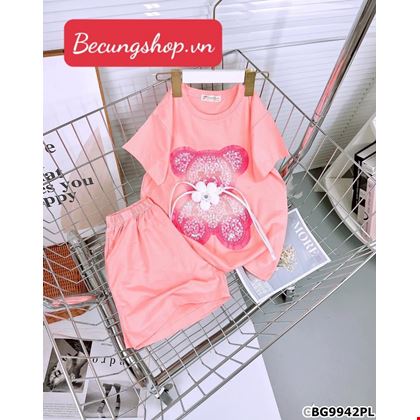 Sét áo thun Gấu đính hoa 3D phối quần short cực xinh cho bé gái