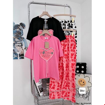 Sét áo thun họa tiết Trái Tim 3D kèm quần ống suông phối màu cho bé gái